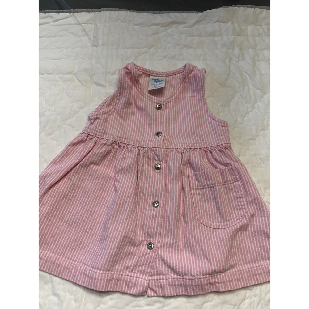 Vintage Baby Osh Kosh Pink White Stripe Button Front Dress Size 18 Months Cotton